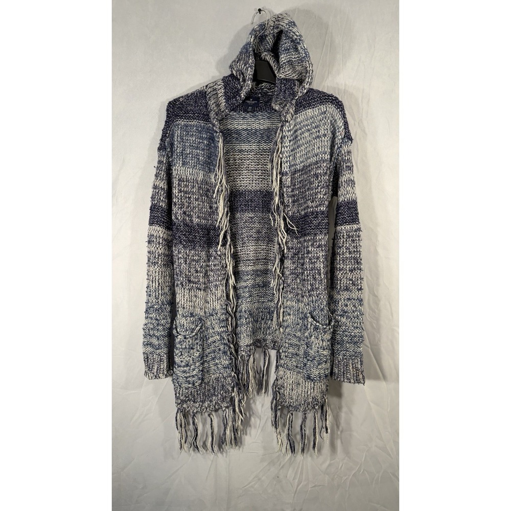 American Eagle Poncho Wrap Cardigan Fringe‎ XS Blue Beige Knitted Long Open Warm